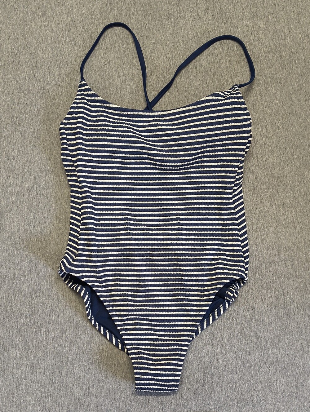Shade & Shore Women’s Striped Pucker Cross‑Back Scoop‑Neck One‑Piece – Dark Blue